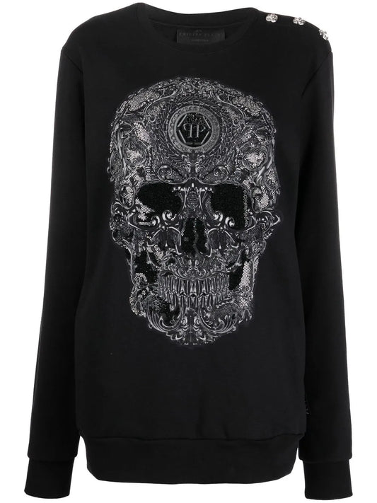 Embroidered-Skull Crew Neck Sweatshirt