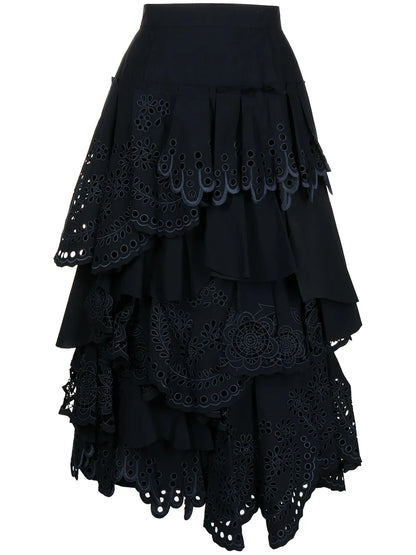 Floral-Lace Scallop-Detail Layered Skirt