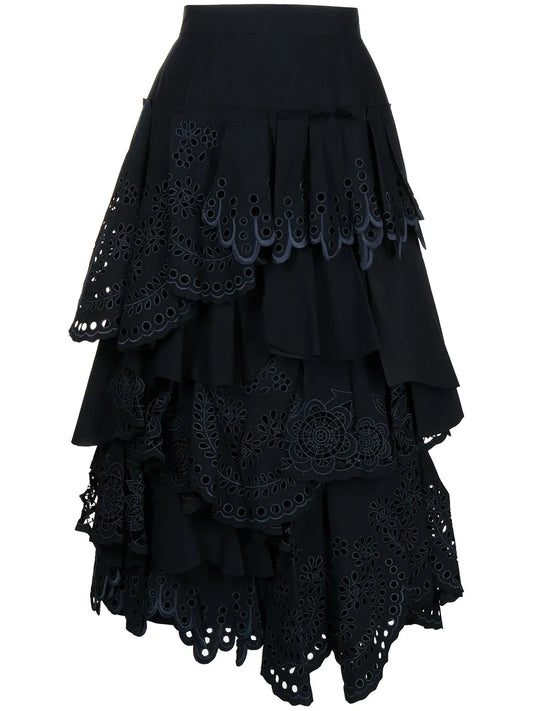 Floral-Lace Scallop-Detail Layered Skirt