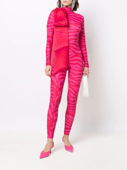 Tiger-Print Organza-Bow Catsuit