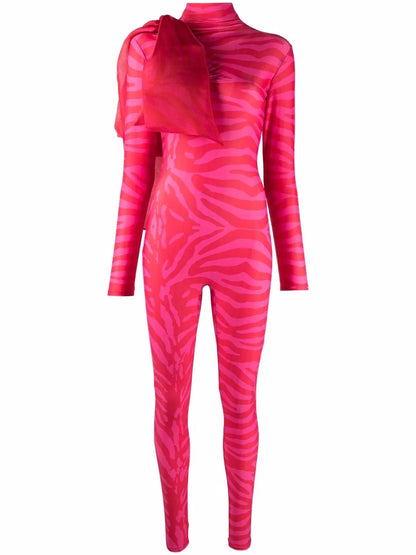 Tiger-Print Organza-Bow Catsuit