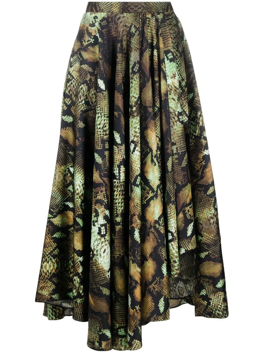Snake-Print Pleated Midi Skirt