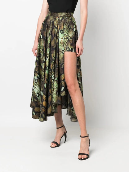 Snake-Print Pleated Midi Skirt