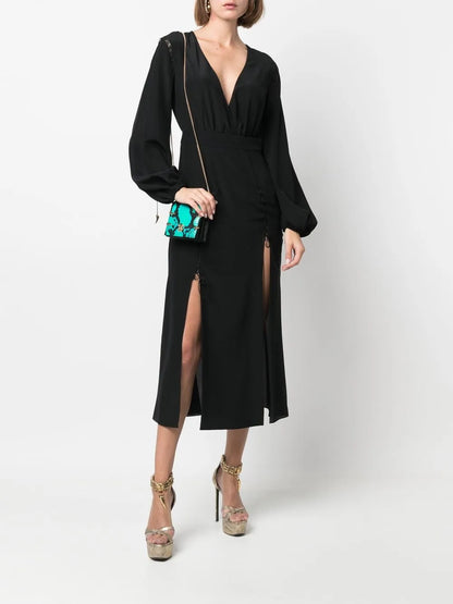 Front-Slit Silk Midi Dress