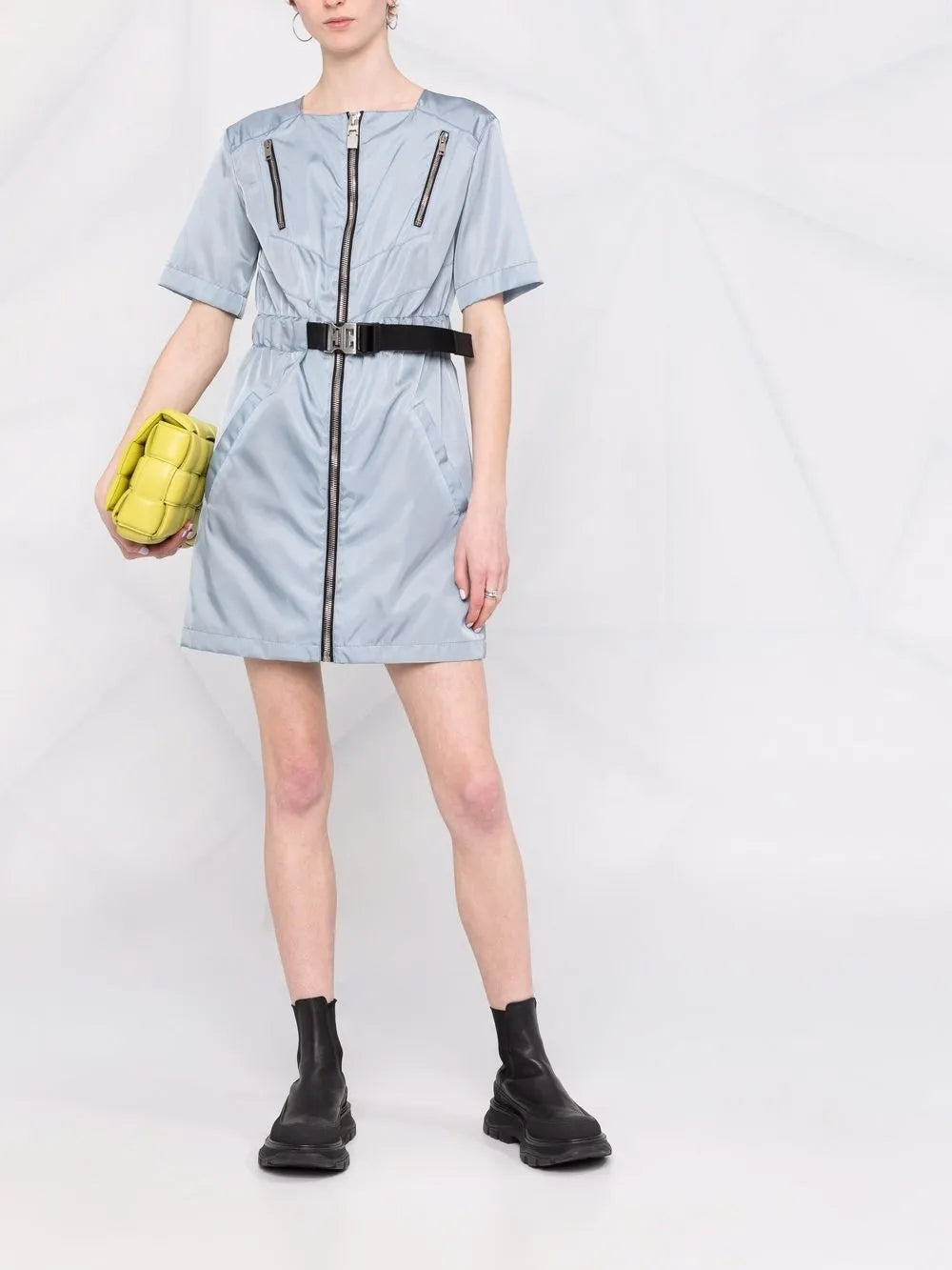 Metallic Zip-Detail Short-Sleeved Dress