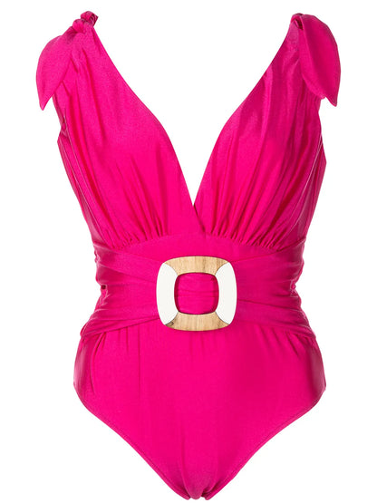 Belted Plunge-Neck Swimsuit