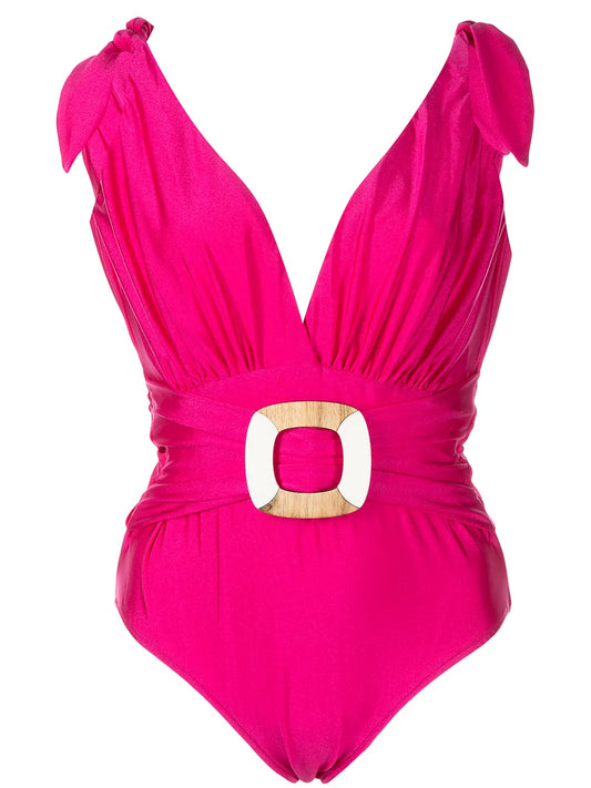 Belted Plunge-Neck Swimsuit