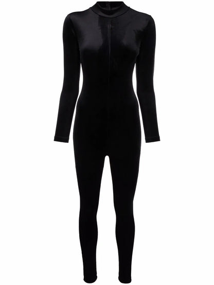 Velvet-Effect Long-Sleeve Jumpsuit