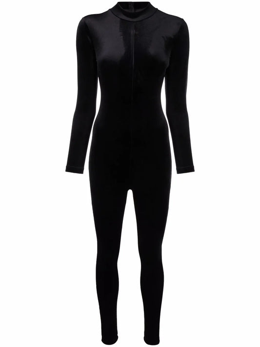 Velvet-Effect Long-Sleeve Jumpsuit