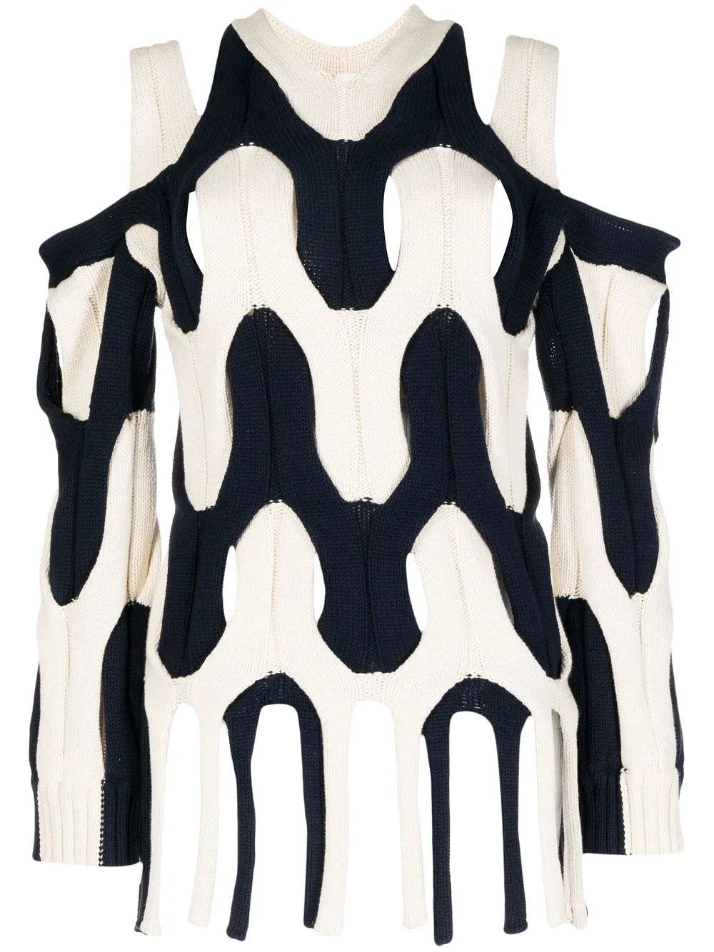 Two-Tone Cable-Knit Fringed Sweater