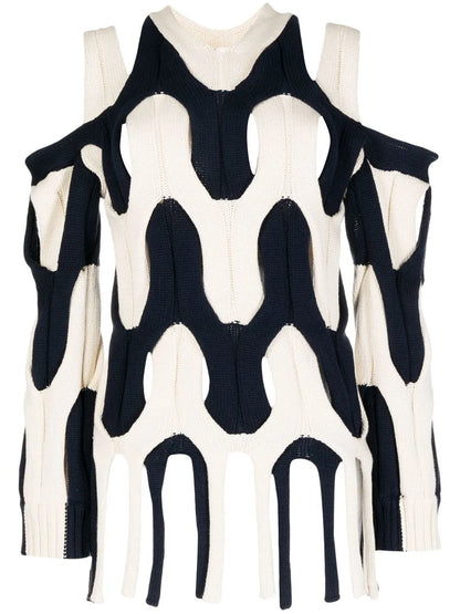 Two-Tone Cable-Knit Fringed Sweater