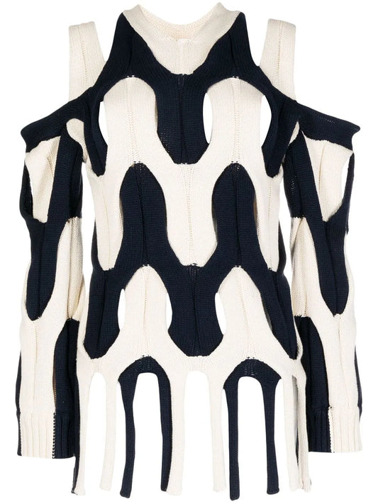 Two-Tone Cable-Knit Fringed Sweater