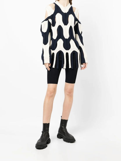 Two-Tone Cable-Knit Fringed Sweater