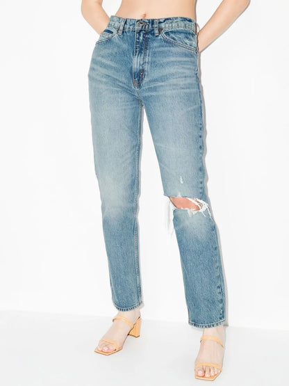 70S Ripped-Knee Straight-Leg Jeans