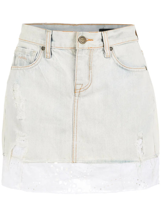 Broderie-Anglaise Trim Denim Skirt