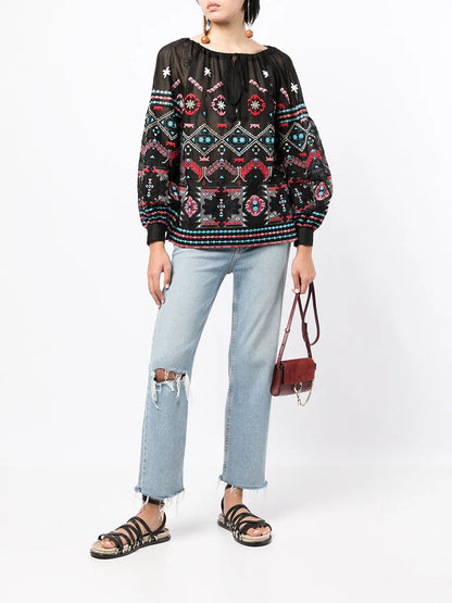 Embroidered Long-Sleeve Blouse