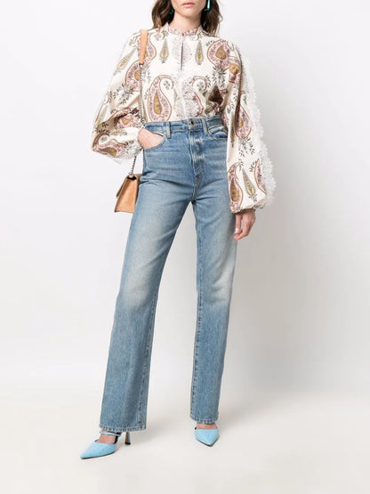 Paisley-Print Puff-Sleeve Blouse