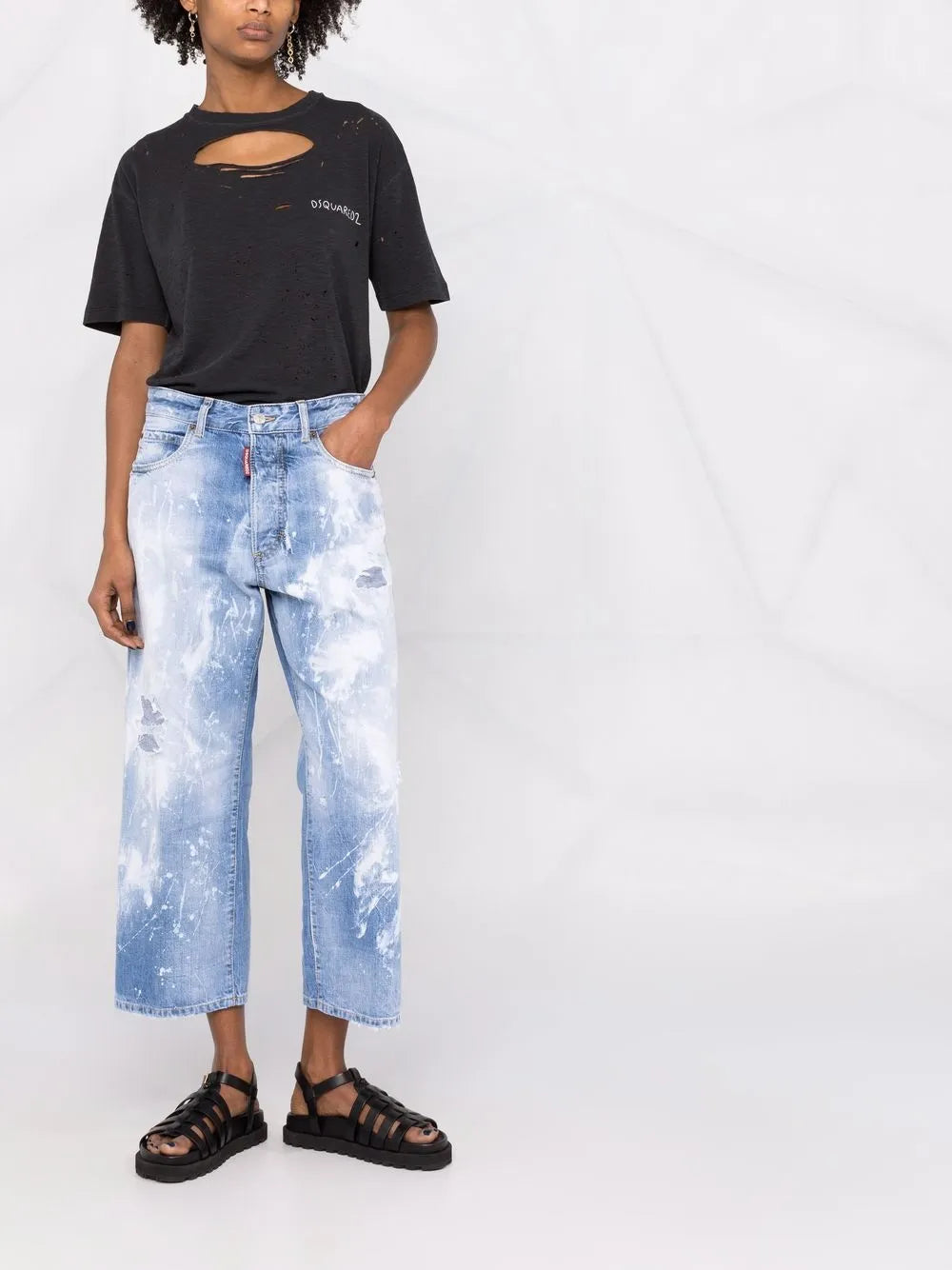 Distressed Paint-Splattered Wide-Leg Jeans