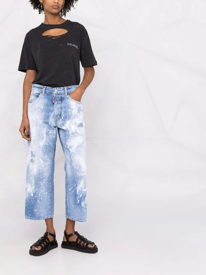 Distressed Paint-Splattered Wide-Leg Jeans
