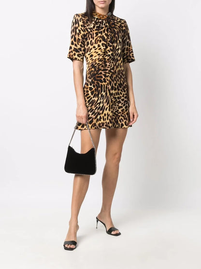 Chain-Embellished Neck Leopard Print Dress