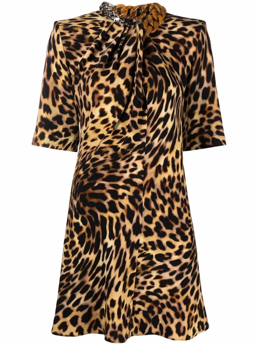 Chain-Embellished Neck Leopard Print Dress