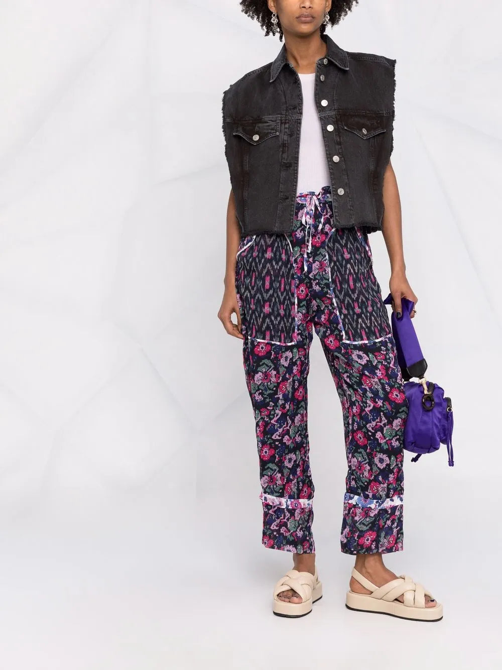 Mix-Print Straight-Leg Ankle Trousers
