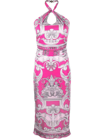 Barocco-Print Cut-Out Midi Dress
