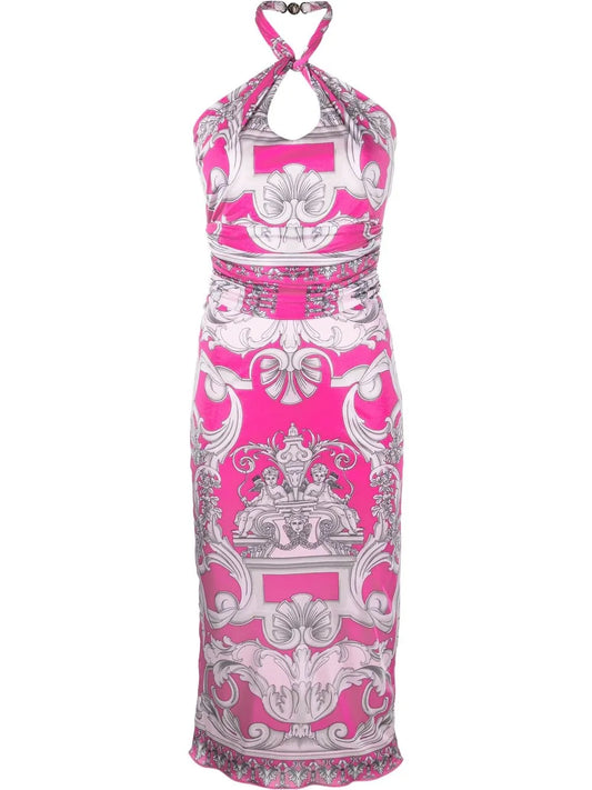 Barocco-Print Cut-Out Midi Dress