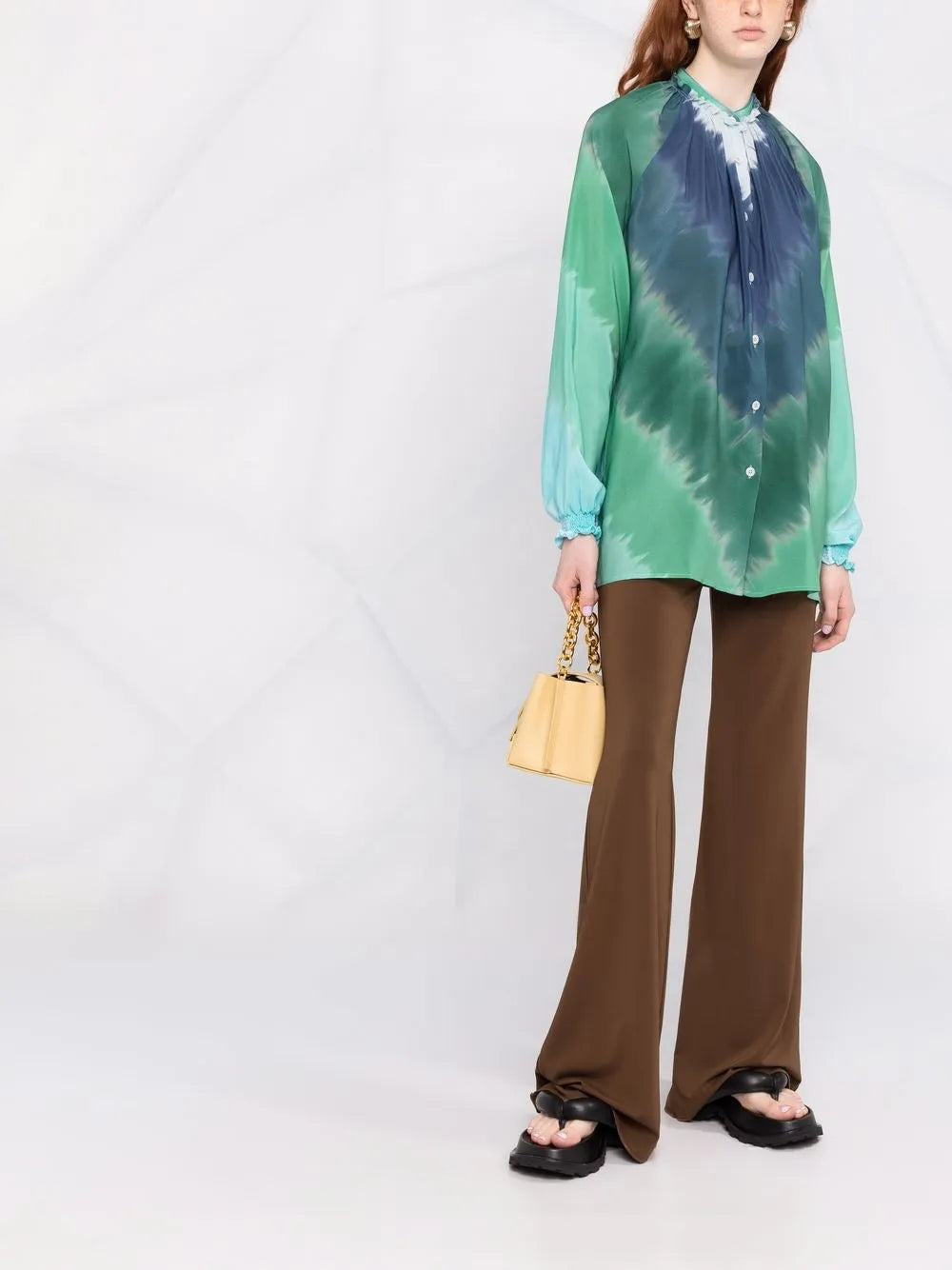 Tie-Dye Print Ruffled-Collar Silk Blouse
