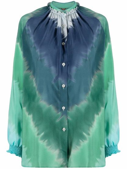 Tie-Dye Print Ruffled-Collar Silk Blouse