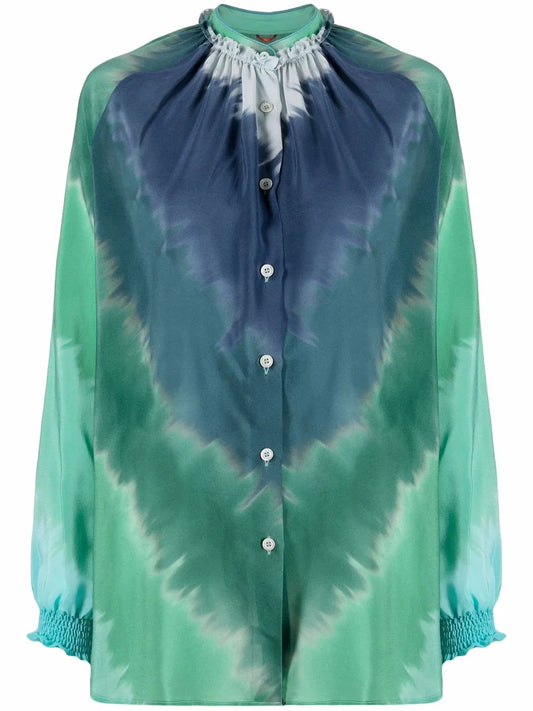 Tie-Dye Print Ruffled-Collar Silk Blouse