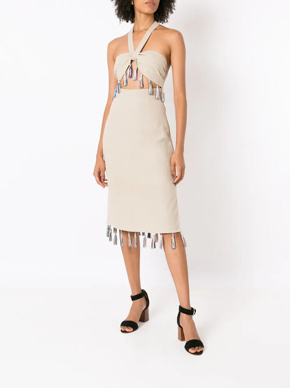 Tassel-Trim Halterneck Midi Dress