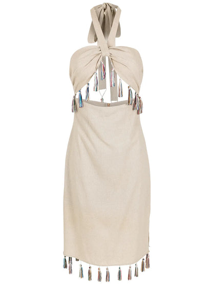 Tassel-Trim Halterneck Midi Dress