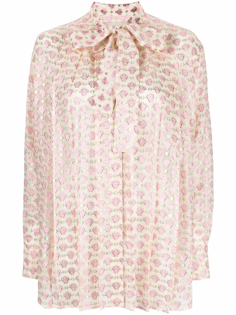 Pussy-Bow Collar Jacquard Blouse