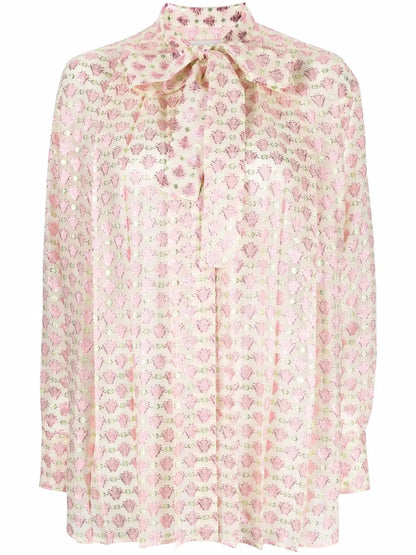 Pussy-Bow Collar Jacquard Blouse
