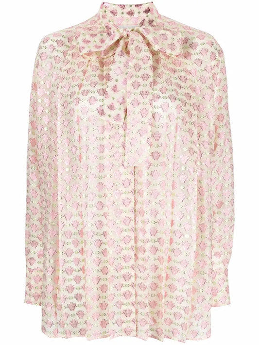 Pussy-Bow Collar Jacquard Blouse