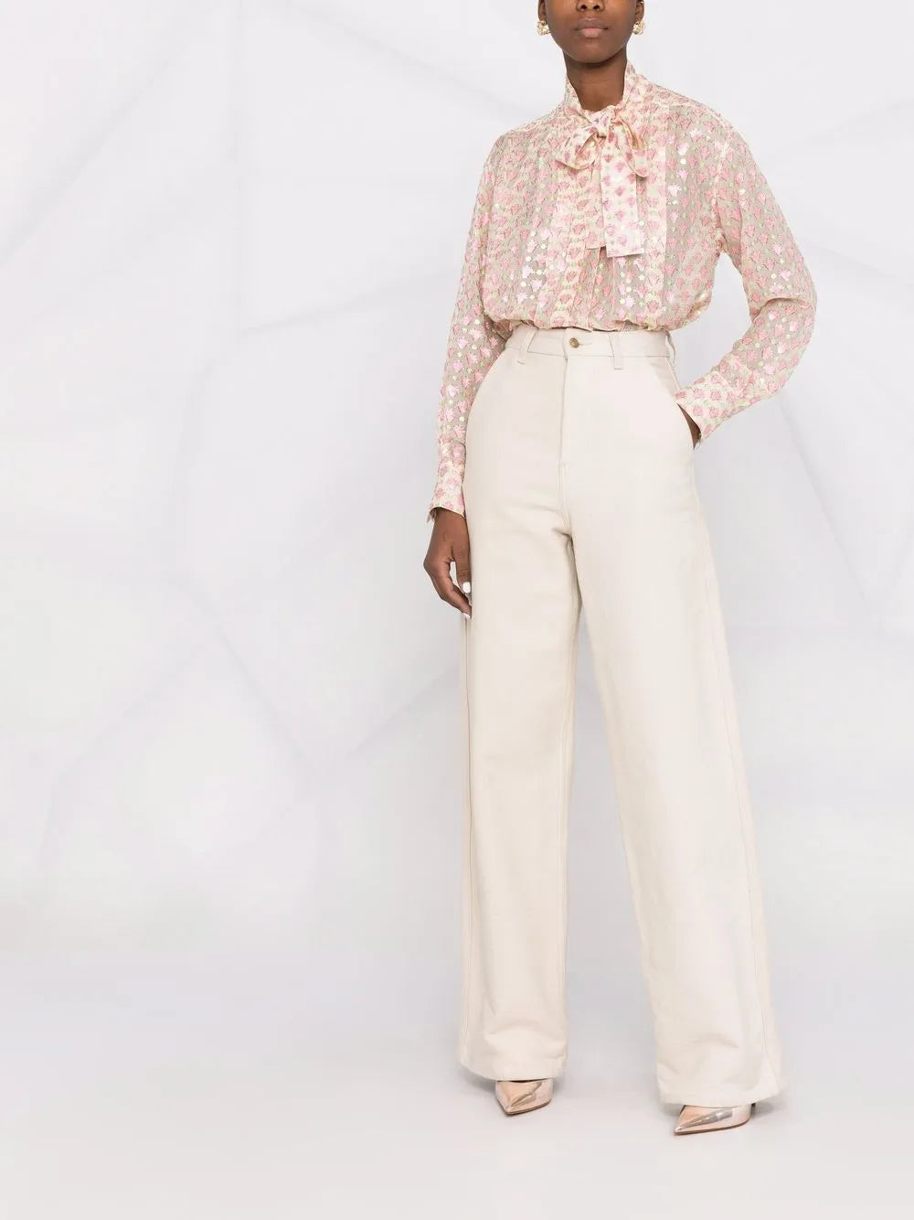 Pussy-Bow Collar Jacquard Blouse