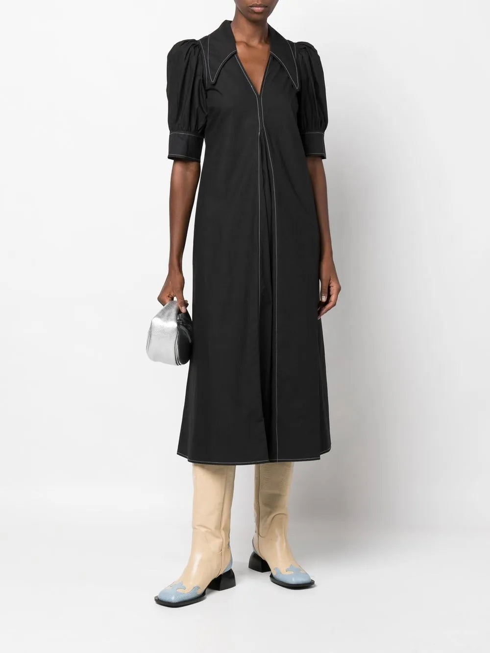 Puff-Sleeved Box-Pleat Dress