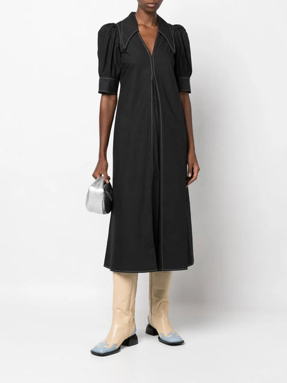 Puff-Sleeved Box-Pleat Dress