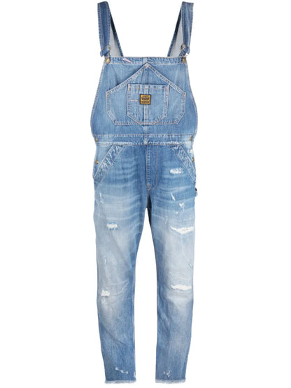 Distressed-Effect Denim Dungarees