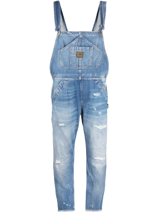 Distressed-Effect Denim Dungarees