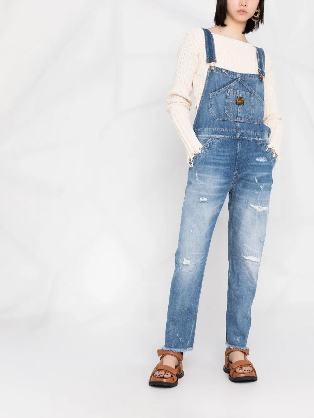 Distressed-Effect Denim Dungarees