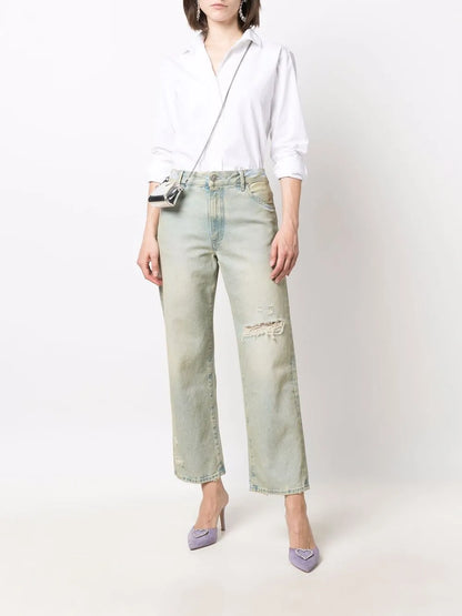 Distressed Effect Wide-Leg Jeans