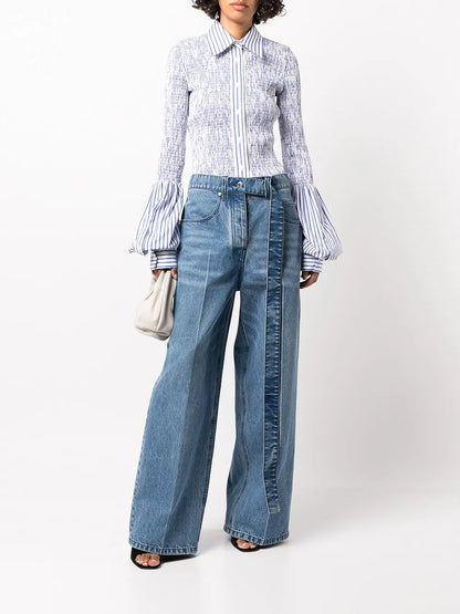 Shirred Stripe-Print Longline Shirt