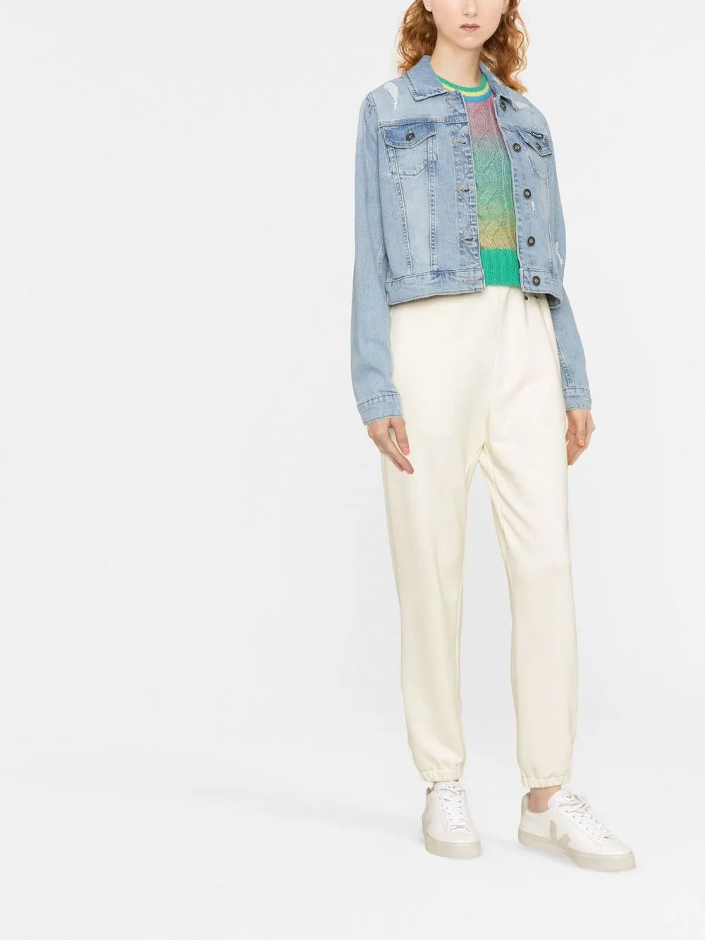 Ripped-Detailing Cropped Denim Jacket