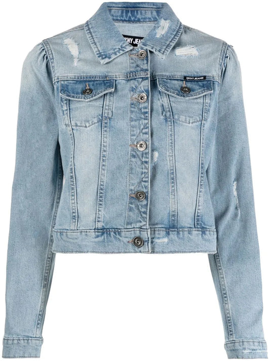 Ripped-Detailing Cropped Denim Jacket