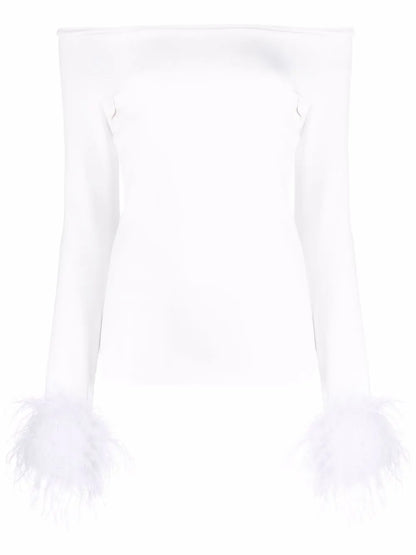 Feather Cuffs Off-Shoulder Top
