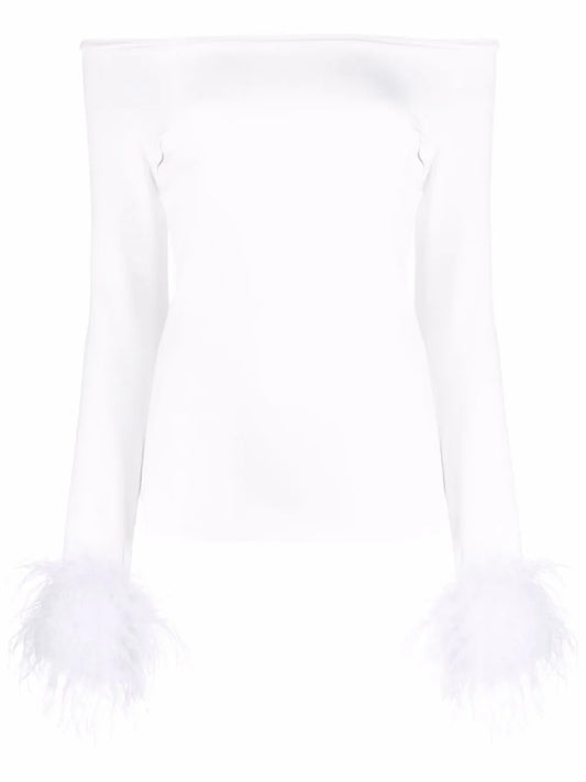 Feather Cuffs Off-Shoulder Top