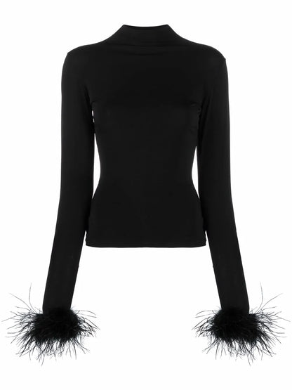 Feather-Cuff High-Neck Top