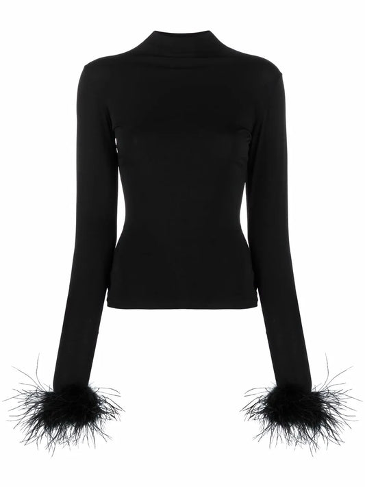 Feather-Cuff High-Neck Top